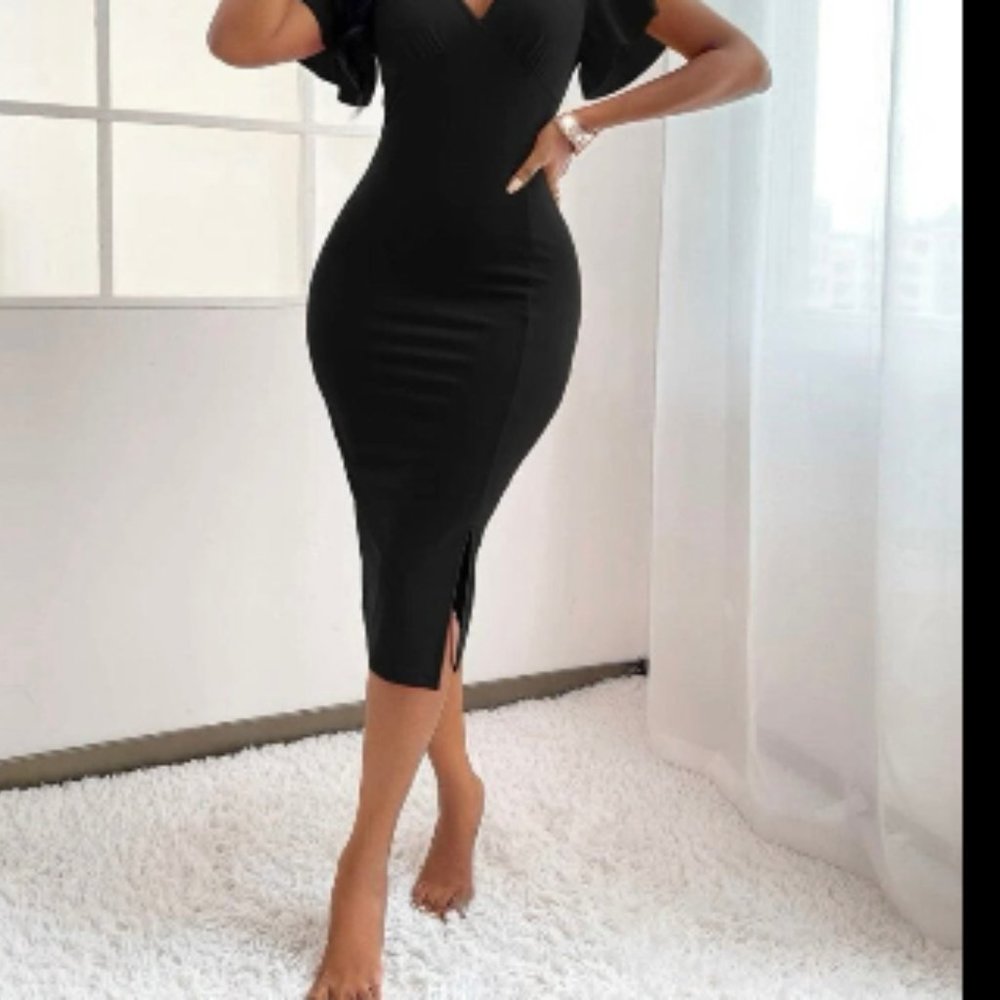 Plunging Neck Flutter Sleeve Slit Hem Bodycon Dress XL